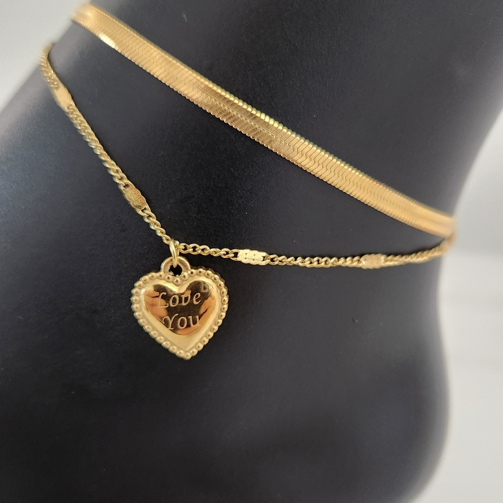 Gold Layered Anklet Herringbone Chain Heart Charm 18K Plated Adjustable - Picture 7 of 13